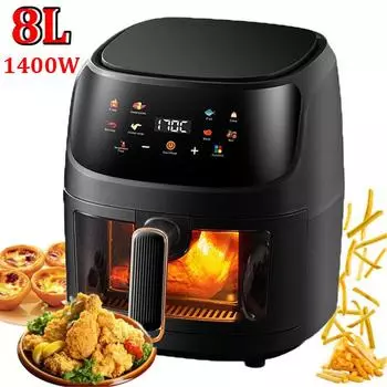 8L Большая емкость воздушная фритюрница 1400W Интеллектуальная ЖК-сенсорный экран Визуальная воздушная фритюрница без масла Фритюрница Духовка для картофеля фри Курица EU белый