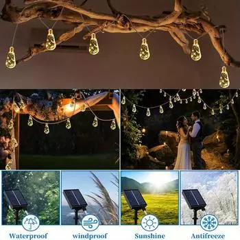 8M 16 Bulbs 160 LEDS Retro Solar Hemp Rope String Lights 8 Lighting Modes Fairy Light for Garden Christmas Wedding Party Decor 1pc