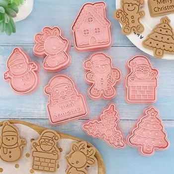 8Pcs 3D Christmas Cookie Cutters Biscuit Mold Santa Snowman Tree Elk Cookie Mould Stamp Xmas New Year Party Decor Baking Tools