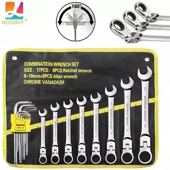 8pcs 8-19mm Metric Flex Head Ratcheting Wrench with Bag,9pcs Long Arm Star Key Wrench Set-Convenient Storage Case Included