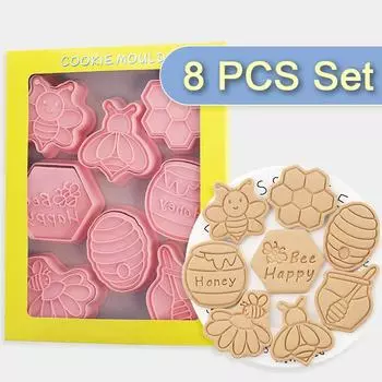 8Pcs Bee Cookie Cutters Plastic DIY 3D Bee Baking Mould Cookies Cutter Set Cartoon Fondant Cookie Cutter Biscuit Baking Tools