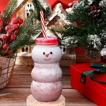 8PCS Christmas Snowman Jars Set with Flip Top Lids, 500ml Polystyrene Reusable Round Containers for Cold Drinks, Juice, Milk Tea, Candy Packaging красный