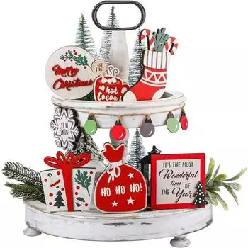 8pcs Christmas Tiered Tray, Wooden Sign Hanging Decoration Set Snowflake Stocking Wooden Layered Sign Holiday Table Centerpieces one set разноцветный