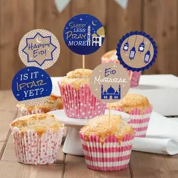 8pcs Festive Cupcake Topper Moon Castle Star Cake Decor Eid Mubarak Paper Cake Toppers Muslim 8pcs