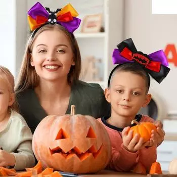 8Pcs Halloween Headbands Pumpkin Demon Skull Ghost Spider Web Hairband Big Bow Head Boppers