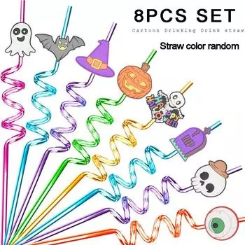 8pcs Halloween Straw Reusable Pumpkin Spiral Plastic Straw Kids Baby Birthday Party Decorations Supplies Drinking Straws
