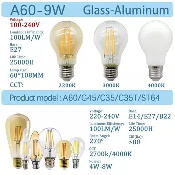 8pcs Led Edison Filament Bulb E27 B22 E14 C35 A60 ST64 220V240V Vintage 2700K 4000K Warm Glass Lamp Lighting Indoor Living AC220-240V