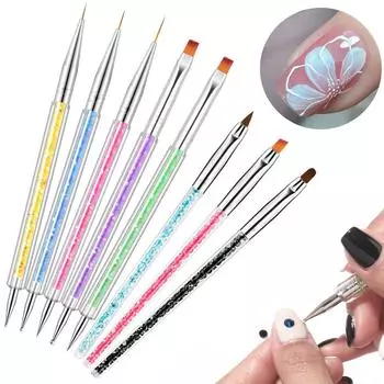 8Pcs Nail Art Brush Set Double Ends Dotting Drawing Painting UV Gel Liner Polish Brush Set Nail Art White