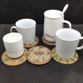 8pcs Natural Cork Round Cup Mat Drink Coasters Heat Insulation Patterned Pot Holder Mats For Coffee Table Tabletop Kitchen tools