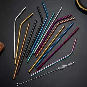 8Pcs Reusable Straw Set 304 Stainless Steel Straws Straight Bent Drinking Colorful Straw With Bag Cleaning Brush Bar Accessory