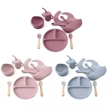 8PCS/Set BPA Free Silicone Baby Feeding Set Sucker Bowl Dishes Plate Straw Cup Spoon Forks Baby Bib For Children s Tableware
