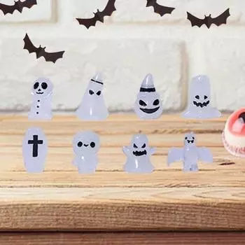 8Pcs/Set Halloween Figurine Luminous Mini Pumpkin Ghost Skeleton Mummy Ornament Miniature Statue