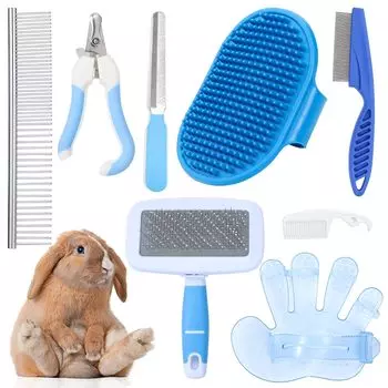 8pcs/set Rabbit Grooming Kit Rabbit Brush for Shedding with Bunny Nail Clipper and Pet Combs Bath Massage Glove Brush for Pets белый