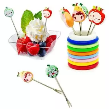 8pcs/Set Resin Handle Stainless Steel Fruit Fork Two-toothed Mini Salad Fork Dessert Fork Picnic random pattern
