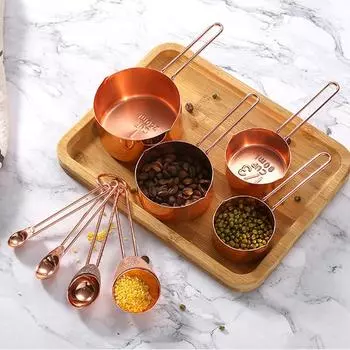 8pcs/set Rose Gold Measuring Spoons Cups Set Retro Baking Measuring Tools With Scale Stainless Steel Kitchen Accessories Gadgets