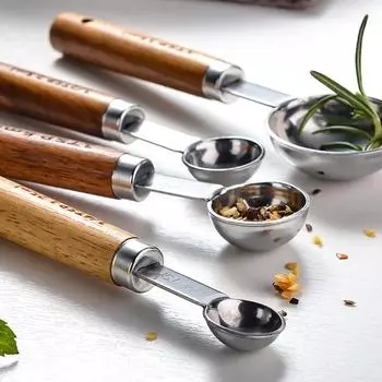 8Pcs Silver Wooden Handle Stainless Steel Measuring Cups Spoons Baking Tools Coffee Bartending Scale Kitchen Accessories Set