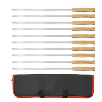 8Pcs Stainless Steel Wide Flat Skewers 17inch Long Flat BBQ Skewers Outdoor Camping Metal BBQ Fork with Wood Handle