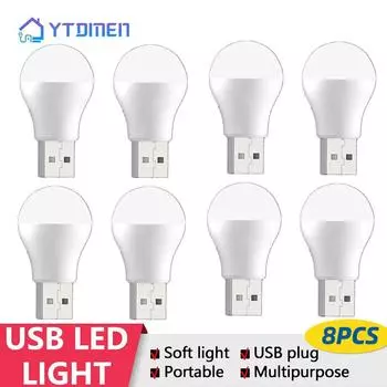 8pcs USB Plug Lamp Computer Mobile Power Charging Small Book Lamps LED Eye Protection Reading Light Round Light Night Light 8PCS