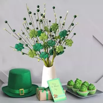 8шт ул. Зеленый Патрик Четырехлистная трава Весенняя шляпа Фестиваль Обеденный стол Кухня Спальня Домашнее украшение Фотореквизит 43cm зелёный
