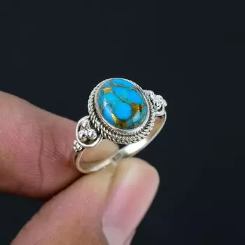 8X10 мм Натуральный Синий Медь Бирюзовый Драгоценный Камень Стерлингового Серебра 925 Ручной Работы Овальной Формы Драгоценный Камень Кольцо Для Женщин Девочек 5 синий