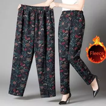 8XL 9XL Женские флисовые брюки среднего возраста с принтом, эластичные, с высокой талией, повседневные брюки, прямые брюки, брюки большого размера, осенне-зимние брюки 8XL