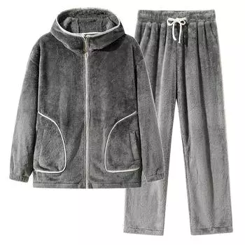 8xl Пижама большого размера мужская зимняя коралловая флисовая толстовка с капюшоном и бархатом 2 шт., однотонный теплый домашний костюм M