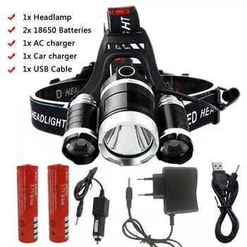 9000Lm светодиодный налобный фонарь T6+2T6 светодиодный налобный фонарь для кемпинга, рыбалки+аккумулятор 18650+автомобильное зарядное устройство+USB as picture чёрный