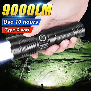 9000LM Высокомощные светодиодные фонарики Перезаряжаемая лампа Масштабируемый фонарик с регулируемой яркостью Фонарь для кемпинга Фонарь для личной обороны A-With Type-C