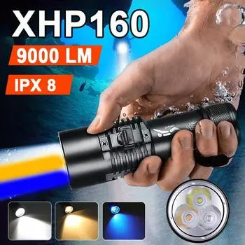 9000LM XHP160 Профессиональный мощный светодиодный фонарик для дайвинга IPX8 Водонепроницаемый подводный фонарь с теплым сине-белым светом without battery чёрный
