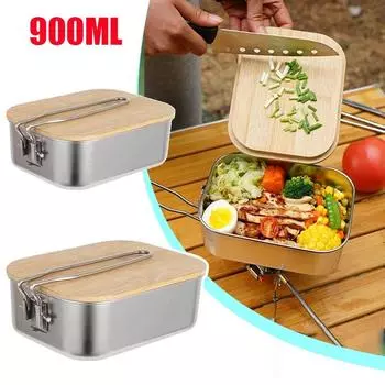 900 мл походный контейнер для еды Bento с деревянной крышкой, контейнер для еды Bento из нержавеющей стали, контейнер для еды Bento для пикника на открытом воздухе, разделочная доска для кастрюли.