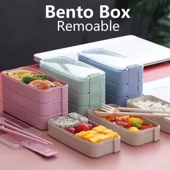 900ml Bento Box 3 Layers Lunch Box Leak-proof Portable Lunch Food Container Wheat Straw for Kids School Food Adults Office 900ml розовый