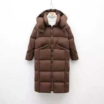 90 Белая гусиная пуховая куртка женская с капюшоном длинная новая выше колена зимняя длинная утолщенная свободная теплая куртка S коричневый