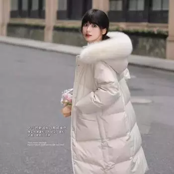 90% белая куртка-пуховик для женщин средней и длинной длины 2024 года, новая зимняя корейская версия, свободная утолщенная куртка с капюшоном и большим меховым воротником XS size is suitable for 85 to 55kg