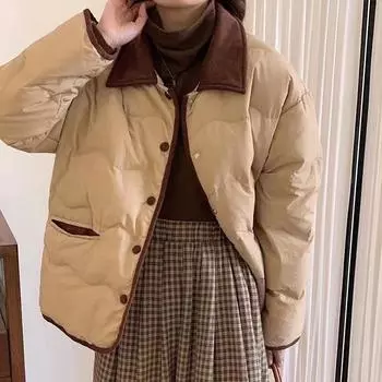 90% белая куртка-пуховик женская осень-зима 2024 маленький воротник-стойка короткая легкая и универсальная куртка-хлеб утепленная куртка S чёрный