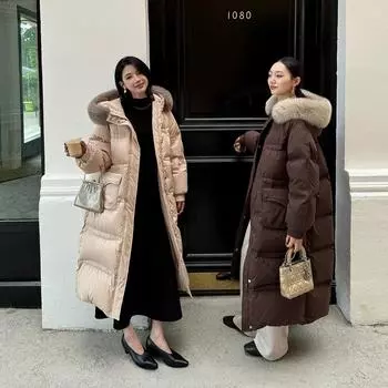 90% белая утиная пуховая куртка женская длинная зимняя 2024 новое высококачественное утолщенное свободное пальто из лисьего меха XS size is suitable for 85 to 55 kg
