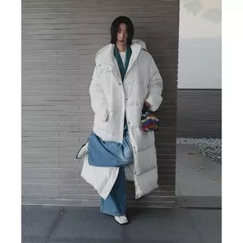 90 Белая утиная пуховая куртка женская зимняя выше колена свободная утолщенная куртка S чёрный