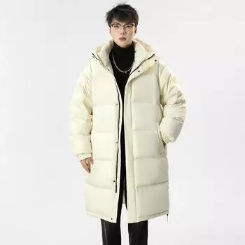 90 Белая утиная пуховая куртка зимняя утолщенная свободная лацкан средней длины выше колена корейский стиль с капюшоном модная парная куртка S