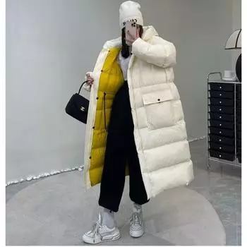 90% белые длинные женские куртки на утином пуху, зимние утолщенные свободные куртки с капюшоном, высокое качество, универсальное ветрозащитное теплое модное пальто