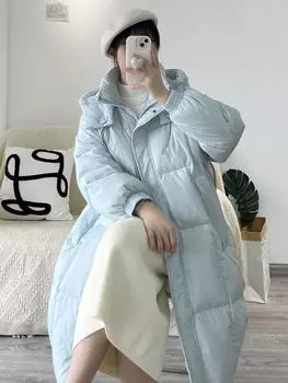 90% белый утиный пух длинный женский пуховик 2024 новый утолщенный с капюшоном милый теплый свободный мясной чехол до колена куртка S