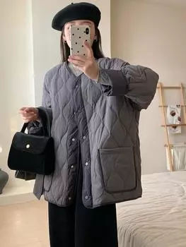 90% белый утиный пух легкий ромбовидный пуховик женский 2024 зимняя одежда новая средняя и длинная свободная куртка с круглым вырезом S90-65kg фиолетовый