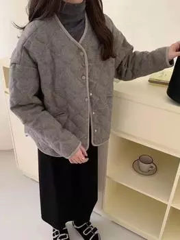 90% белый утиный пух шерстяной пуховик женский короткий зимний модный круглый вырез подгибка утолщенный маленький жакет прилив One size серый