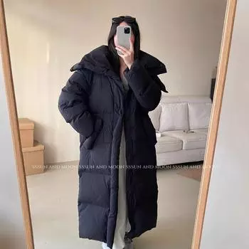 90% белый утиный пух супер длинный пуховик женский зимний с капюшоном утолщенный большой стеганый жакет для мужчин и женщин в одном стиле One size [can wear 80--75 kg] белый