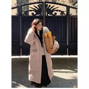 90 белый утиный пуховик женский длинный 2024 новый воротник из лисьего меха с капюшоном пуховик женский S (90-55kg)