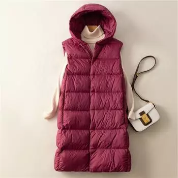 90 белый утиный пуховый жилет утолщенный женский длинный выше колена 2024 новый жилет с капюшоном носить жилетку M хаки