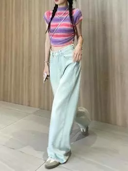 90-е годы Новые прямые ретро светло-голубые джинсы женские американские элегантные свободные брюки с высокой талией уличная мода широкие брюки летние S светло-синий