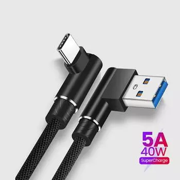 90-градусный угловой кабель 40 Вт USB-Type C для быстрой зарядки Huawei Mate 50 40 30 Xiaomi Samsung USB Type C для быстрой зарядки данных 0.25m чёрный