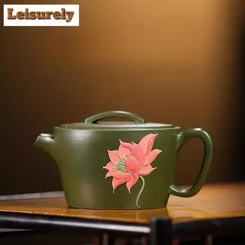 90 мл чайник из фиолетовой глины Исин, мастер ручной работы, цветной рисунок лотоса, большой калибр, чайник из сырой руды, зеленый глиняный чайник, чайный набор «Цзыша»