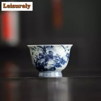 90 мл старинная сине-белая чайная чашка с чернилами, цветами и птицами, чашка для медитации, дегустационная чашка для гостя, персональная чайная чаша, чайный сервиз в стиле кунг-фу