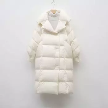 90 пух белый утиный пух длинный пуховик женский зимний новый простой модный утолщенный свободный до колена пальто прилив S белый