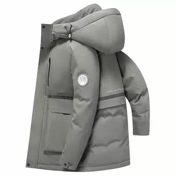 90 Серый пуховик на гусином пуху, зимняя новая куртка средней длины с капюшоном, утепленная, морозостойкая и теплая для активного отдыха на открытом воздухе для мужчин на гусином пуху M
